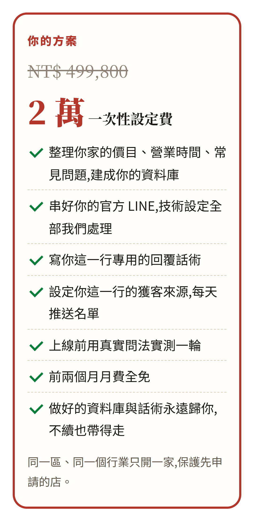你的方案:原本從零客製 50 萬,現在 2 萬一次性設定費,含資料庫、LINE 串接、行業話術、獲客名單、實測、前兩個月月費全免